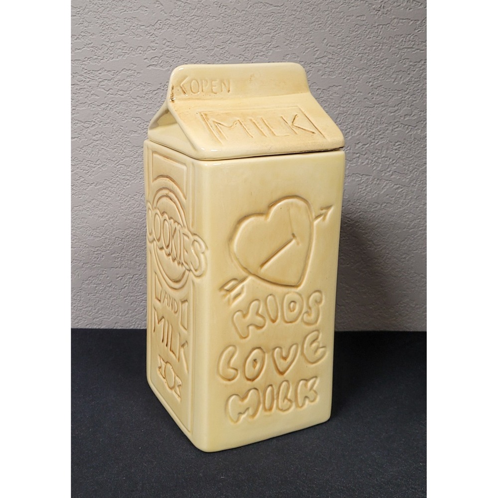 Vintage 1980s Ceramic Milk Carton Cookie Jar Kids Love Milk Retro Kitchen Decor